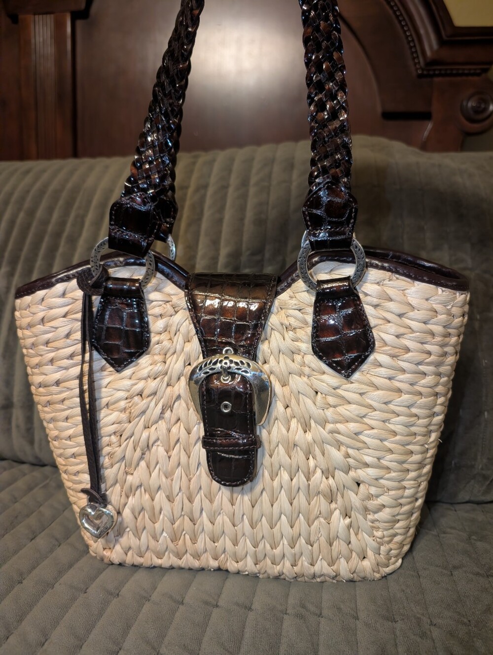 Brighton-Woven Straw Tote with Dark Brown Croc Trim
